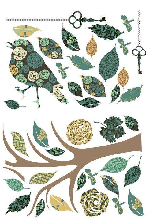 Turquoise Bespoke vintage printed bird on branch Vinyl Wall Art Sticker Interior decorating Decal